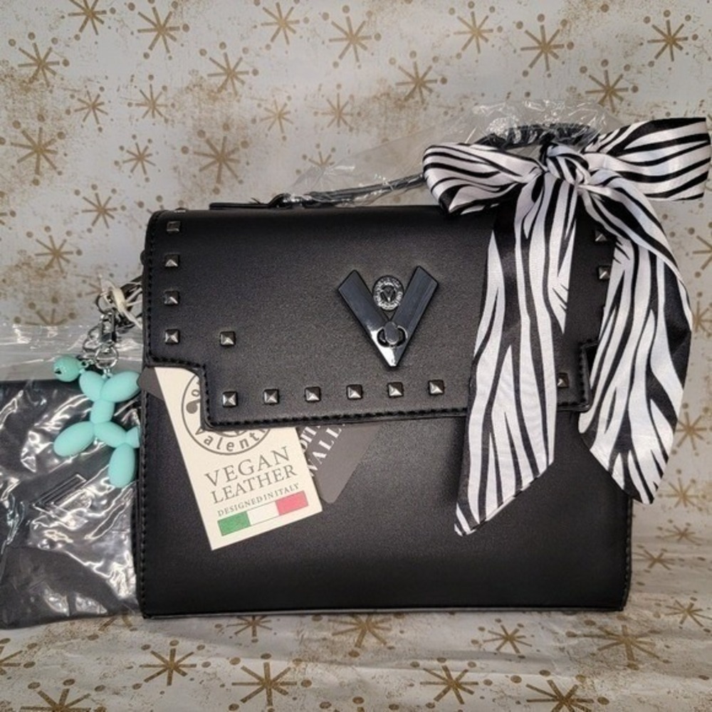 Orlandi Valentino Black Vegan Leather‎ Studded Crossbody Bag Scarf Pouch NWT